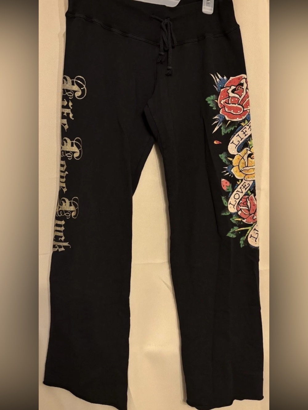 Vintage Y2K Ed Hardy Black Flare sweatpants colorful Sequins & Graphics- USA